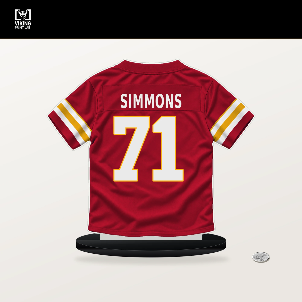 Josh Simmons number 71 Kansas City Chiefs jersey stand with included black base.