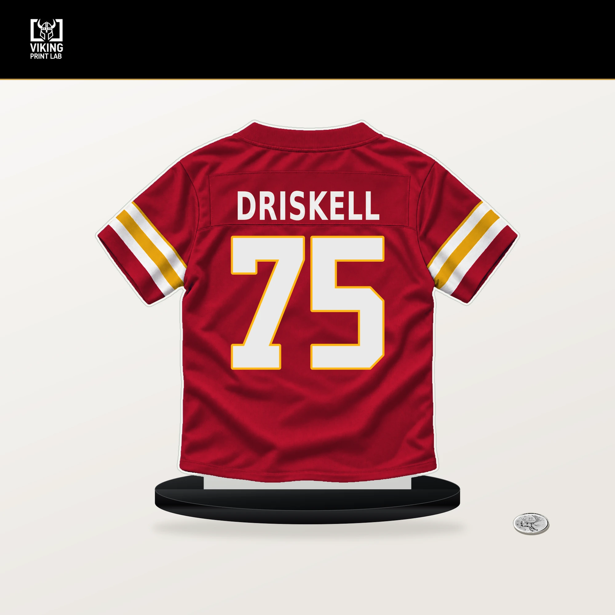 Ethan Driskell number 75 Kansas City Chiefs jersey stand with included black base.