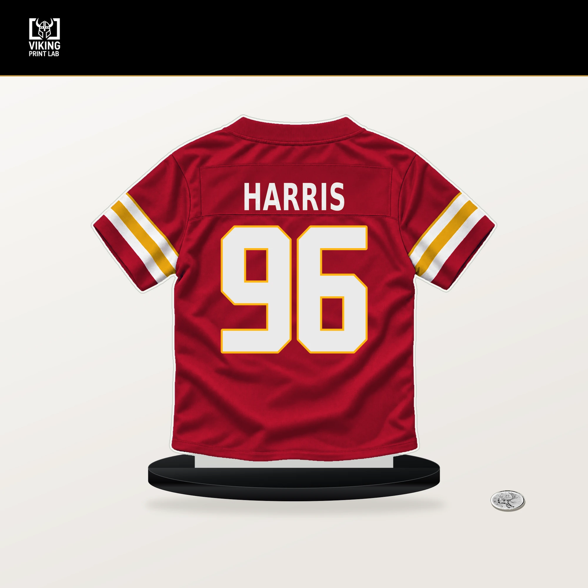Marcus Harris number 96 Kansas City Chiefs jersey stand with included black base.