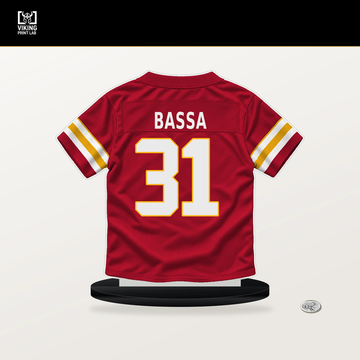 Jeffrey Bassa number 31 Kansas City Chiefs jersey stand with included black base.
