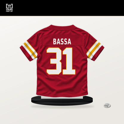 Jeffrey Bassa number 31 Kansas City Chiefs jersey stand with included black base.