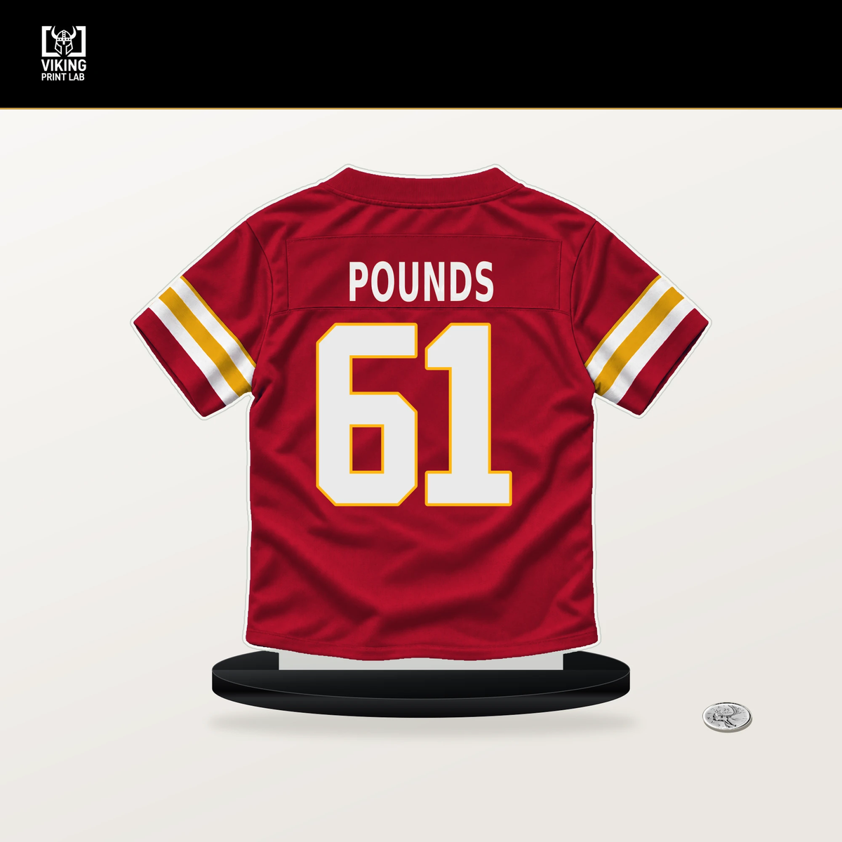 Diego Pounds number 61 Kansas City Chiefs jersey stand with included black base.