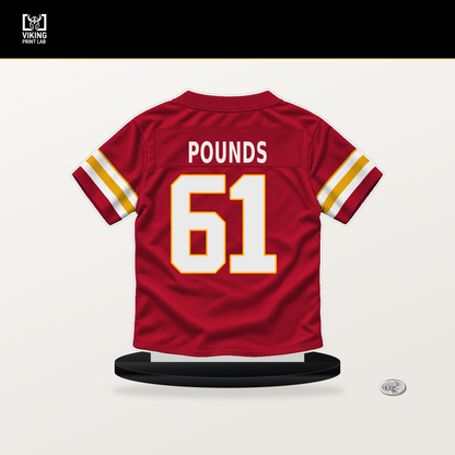Diego Pounds number 61 Kansas City Chiefs jersey stand with included black base.