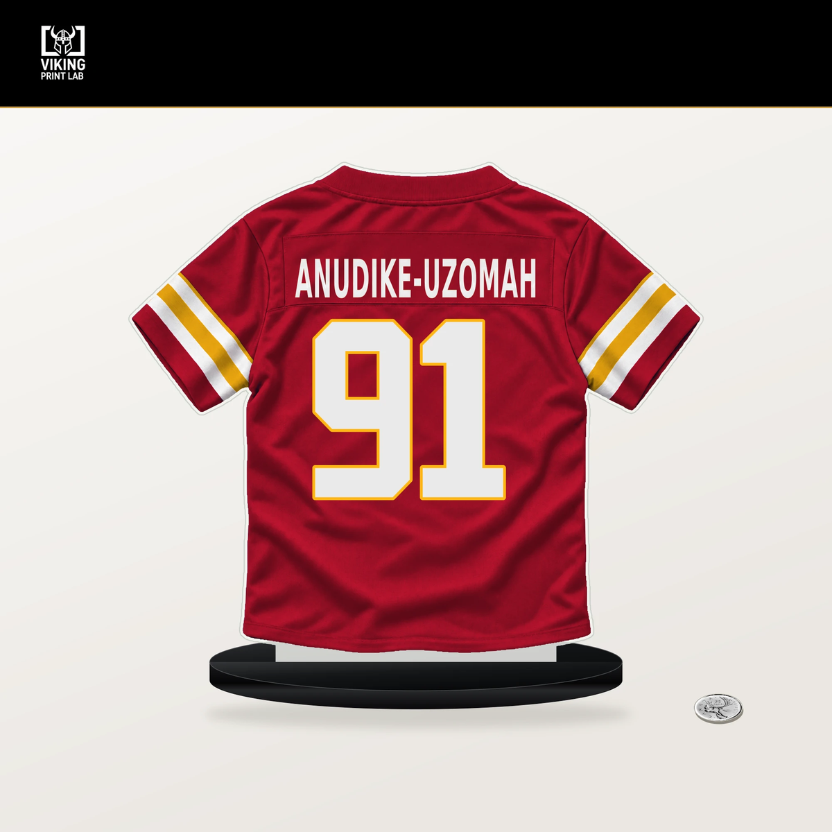 Felix Anudike-Uzomah number 91 Kansas City Chiefs jersey stand with included black base.