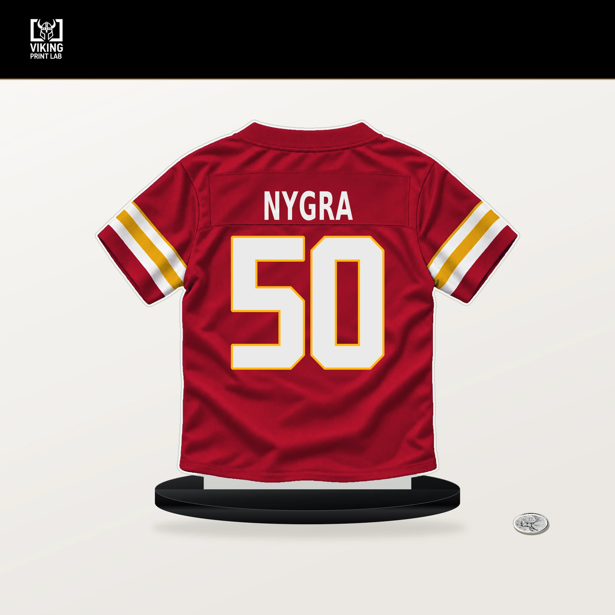 Pete Nygra number 50 Kansas City Chiefs jersey stand with included black base.