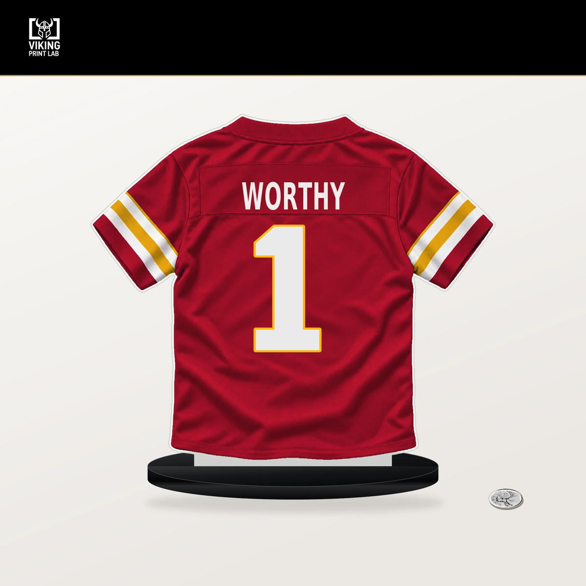 Xavier Worthy number 1 Kansas City Chiefs jersey stand with included black base.