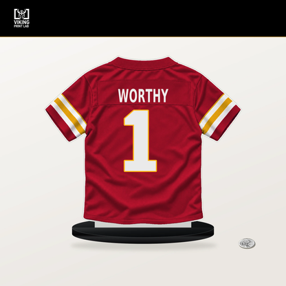 Xavier Worthy number 1 Kansas City Chiefs jersey stand with included black base.