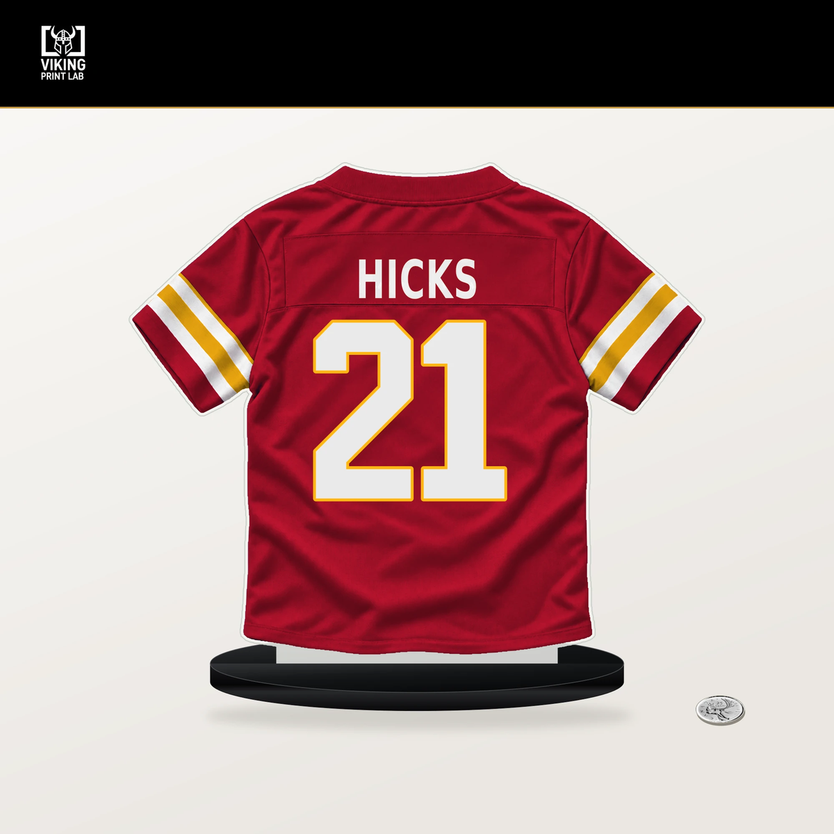 Jaden Hicks number 21 Kansas City Chiefs jersey stand with included black base.