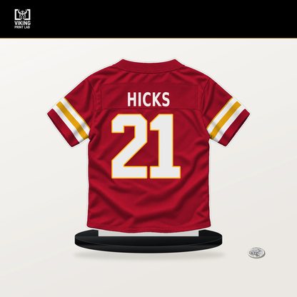 Jaden Hicks number 21 Kansas City Chiefs jersey stand with included black base.