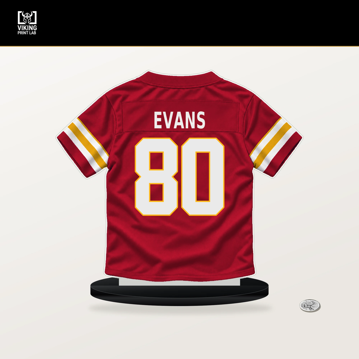 Omari Evans number 80 Kansas City Chiefs jersey stand with included black base.