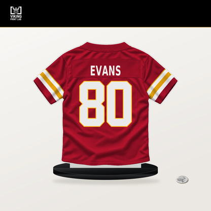 Omari Evans number 80 Kansas City Chiefs jersey stand with included black base.
