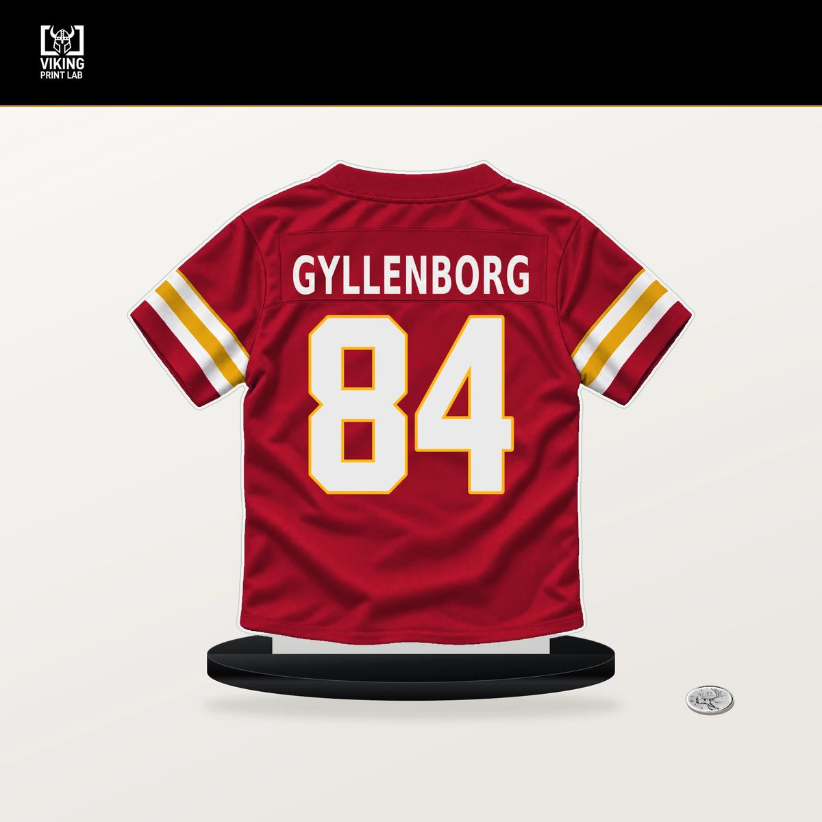 John Michael Gyllenborg number 84 Kansas City Chiefs jersey stand with included black base.