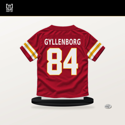 John Michael Gyllenborg number 84 Kansas City Chiefs jersey stand with included black base.