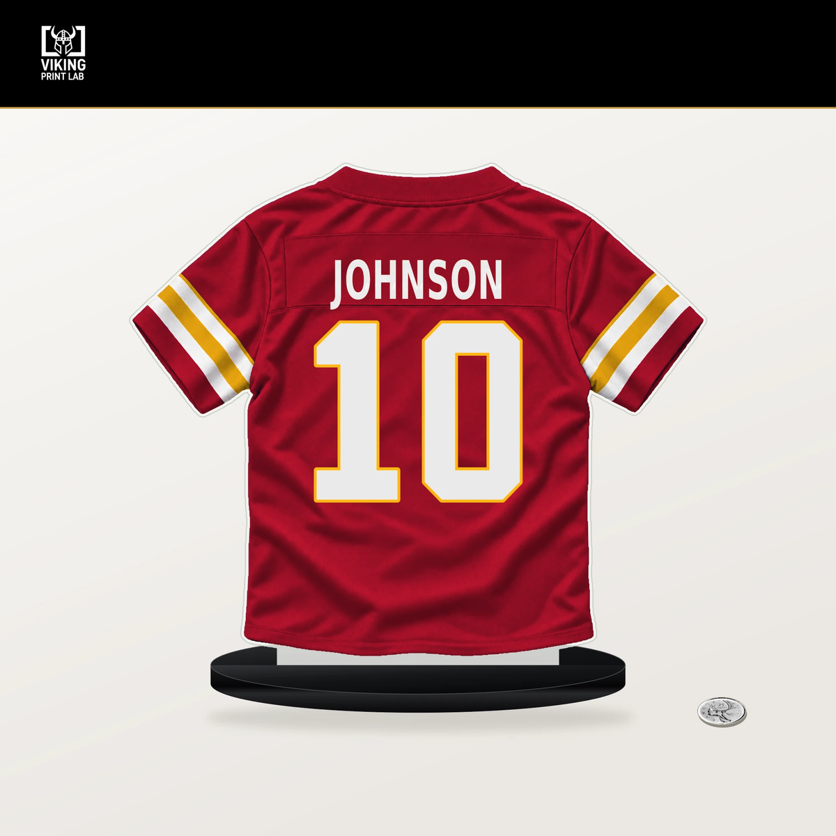 Emmett Johnson number 10 Kansas City Chiefs jersey stand with included black base.