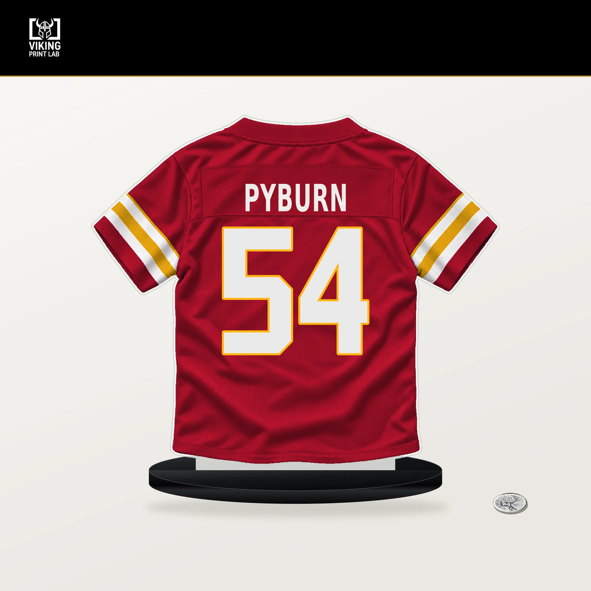 Jack Pyburn number 54 Kansas City Chiefs jersey stand with included black base.