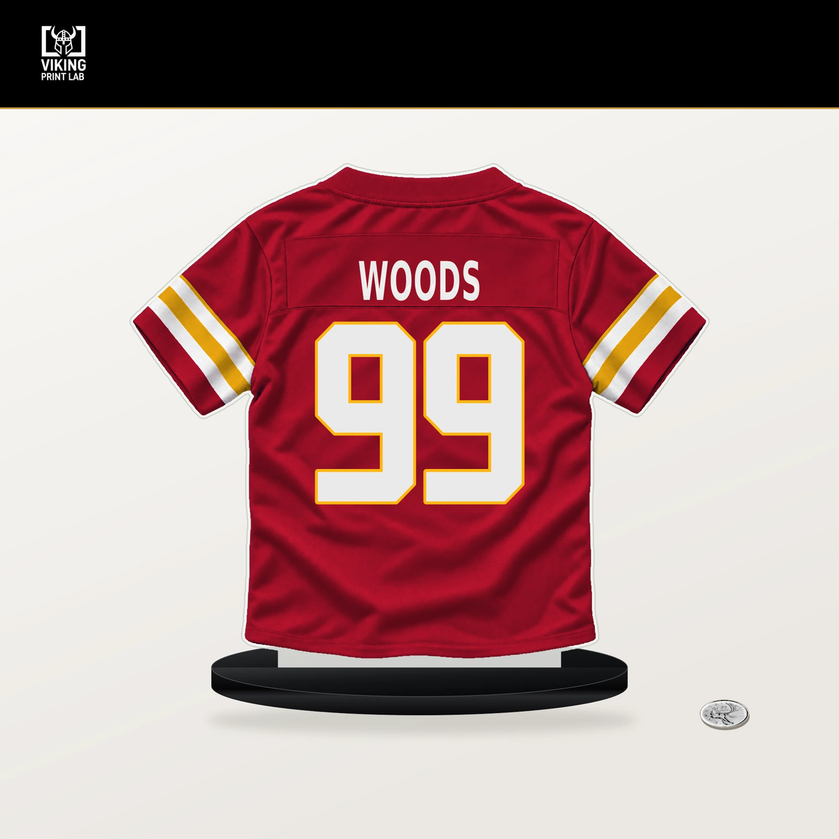 Peter Woods number 99 Kansas City Chiefs jersey stand with included black base.