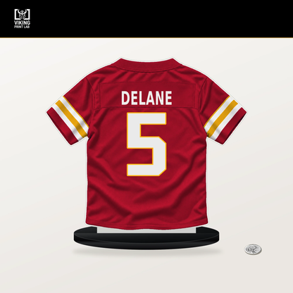 Mansoor Delane number 5 Kansas City Chiefs jersey stand with included black base.