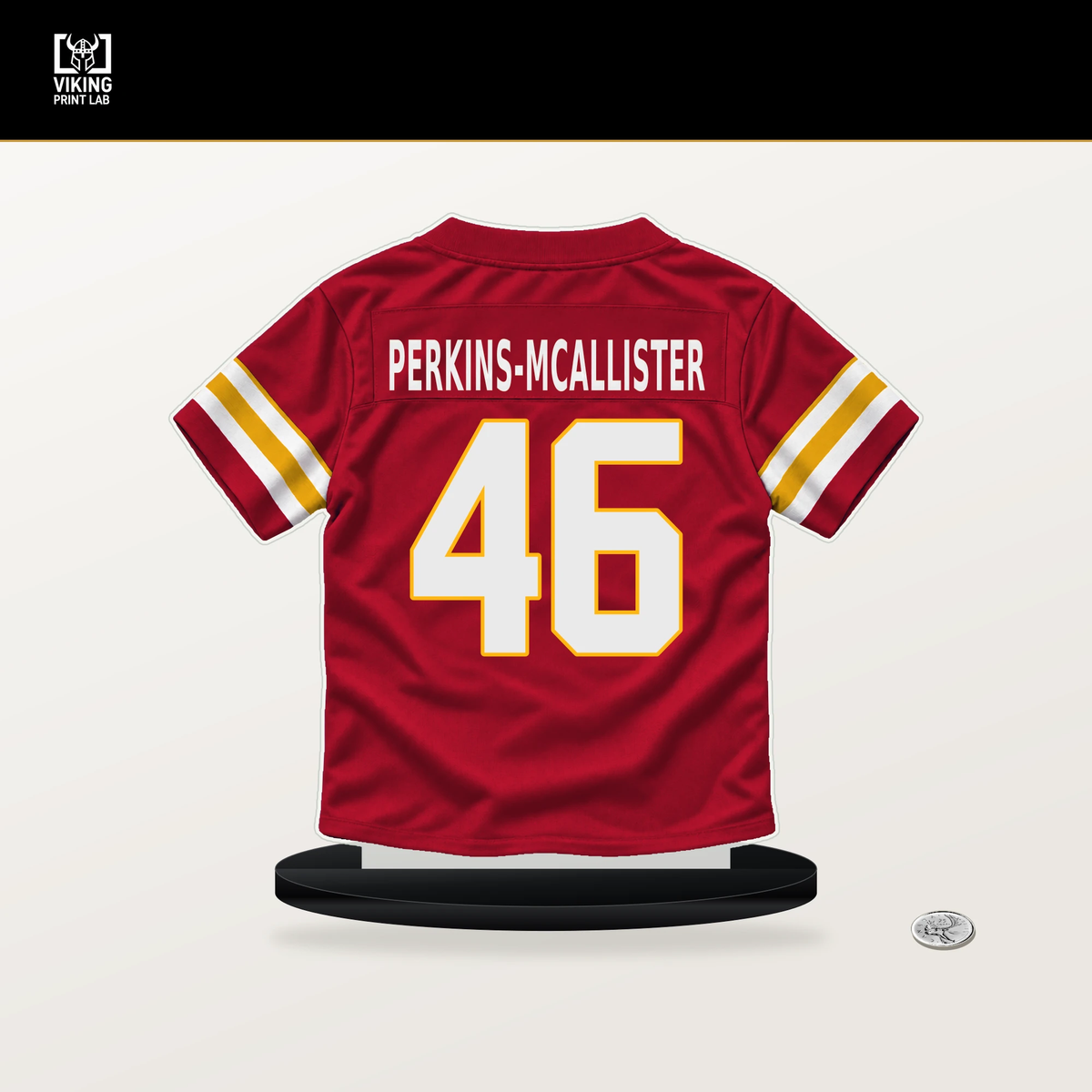 D'Arco Perkins-McAllister number 46 Kansas City Chiefs jersey stand with included black base.