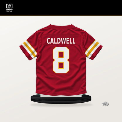 Jeff Caldwell number 8 Kansas City Chiefs jersey stand with included black base.