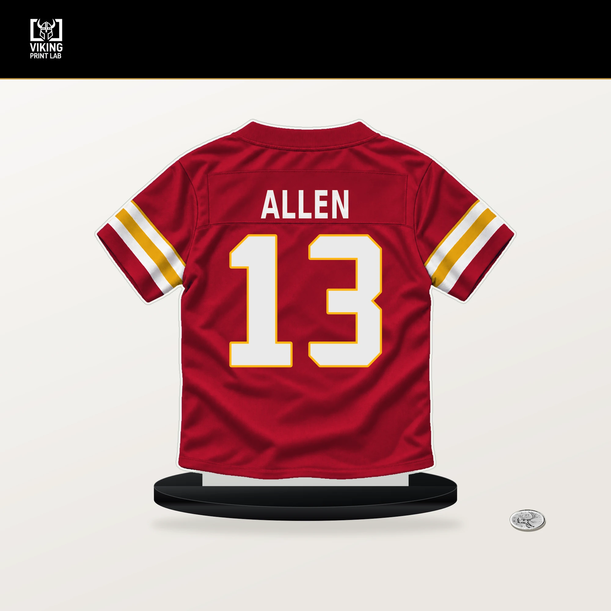 Cyrus Allen number 13 Kansas City Chiefs jersey stand with included black base.