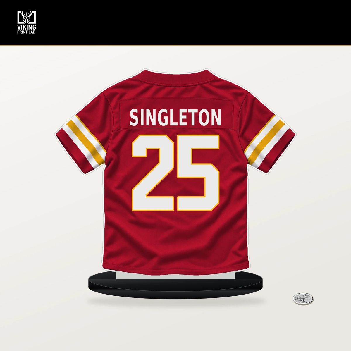 DeShon Singleton number 25 Kansas City Chiefs jersey stand with included black base.