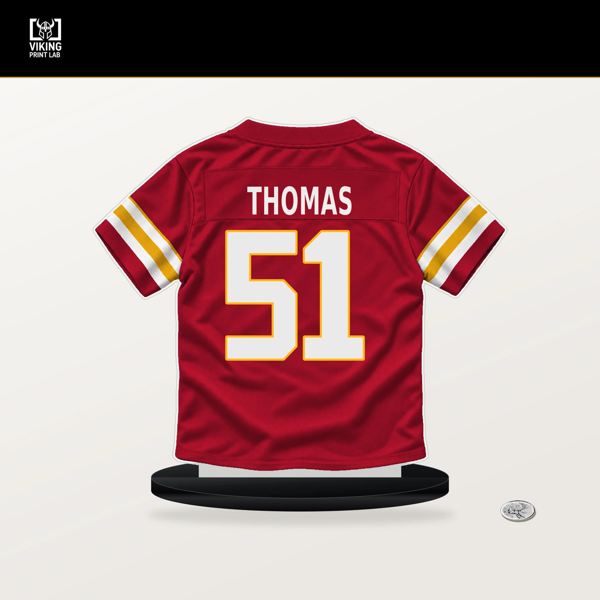 R Mason Thomas number 51 Kansas City Chiefs jersey stand with included black base.
