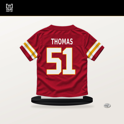 R Mason Thomas number 51 Kansas City Chiefs jersey stand with included black base.