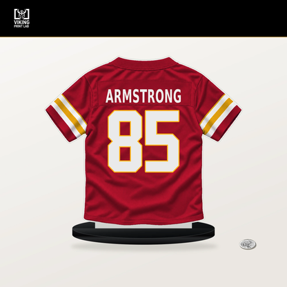 Andrew Armstrong number 85 Kansas City Chiefs jersey stand with included black base.