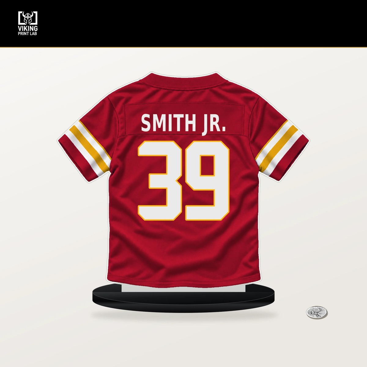 Melvin Smith Jr. number 39 Kansas City Chiefs jersey stand with included black base.