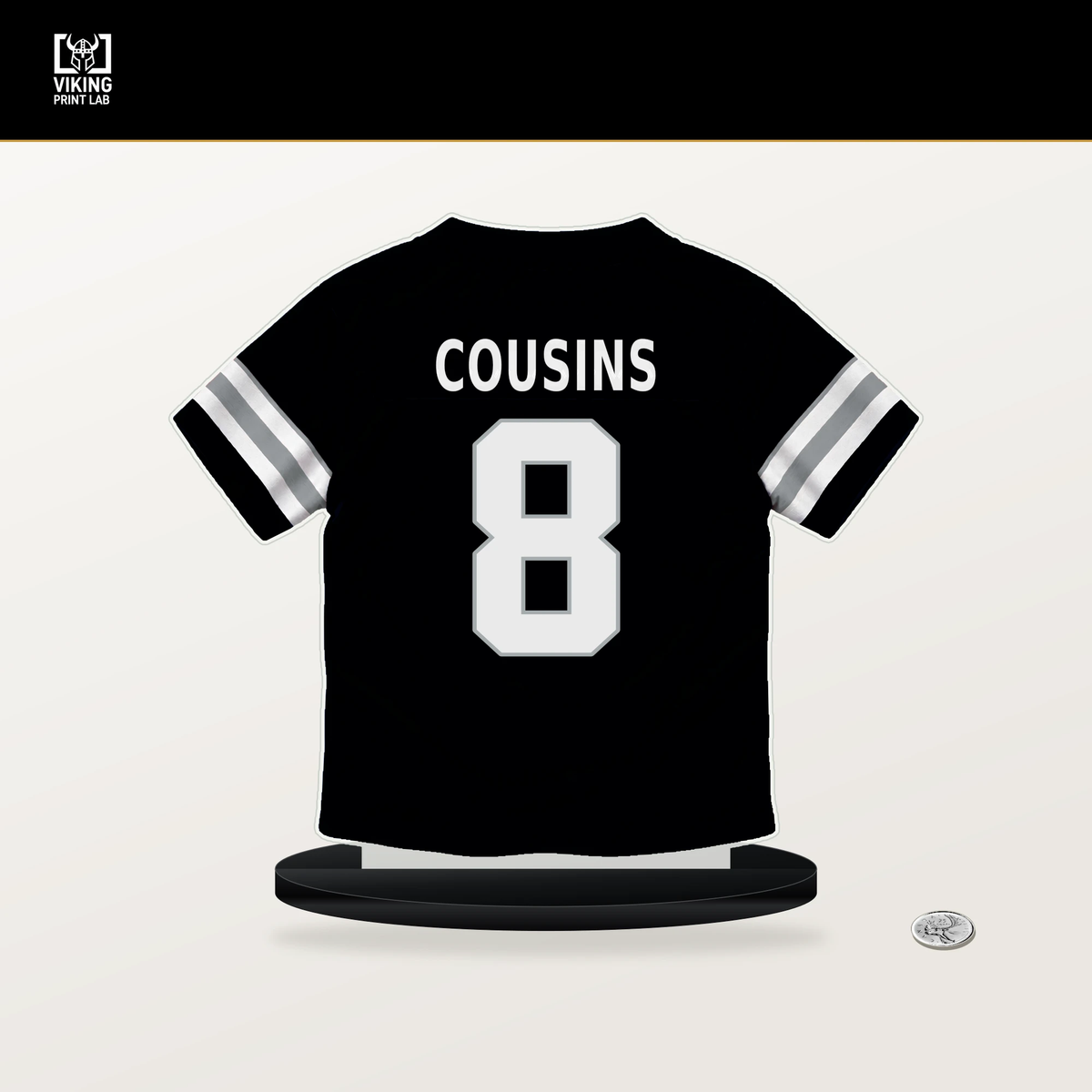 Kirk Cousins number 8 Las Vegas Raiders jersey stand with included black base.