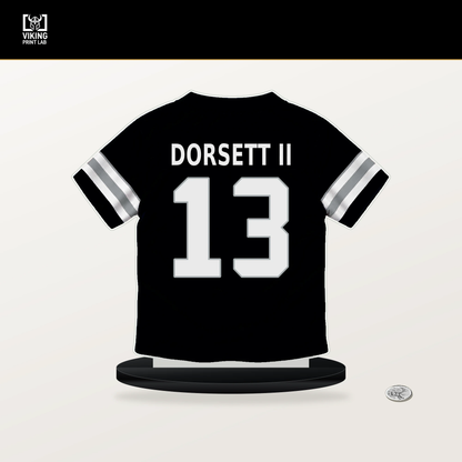 Phillip Dorsett II number 13 Las Vegas Raiders jersey stand with included black base.