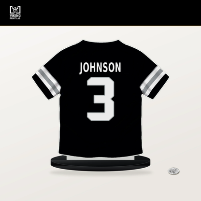 Taron Johnson number 3 Las Vegas Raiders jersey stand with included black base.