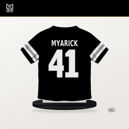 Chris Myarick number 41 Las Vegas Raiders jersey stand with included black base.