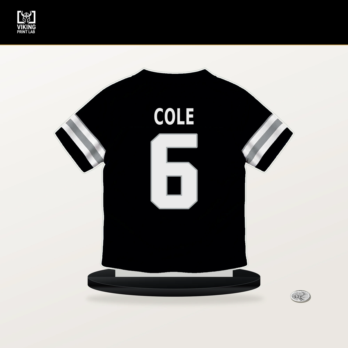 AJ Cole number 6 Las Vegas Raiders jersey stand with included black base.