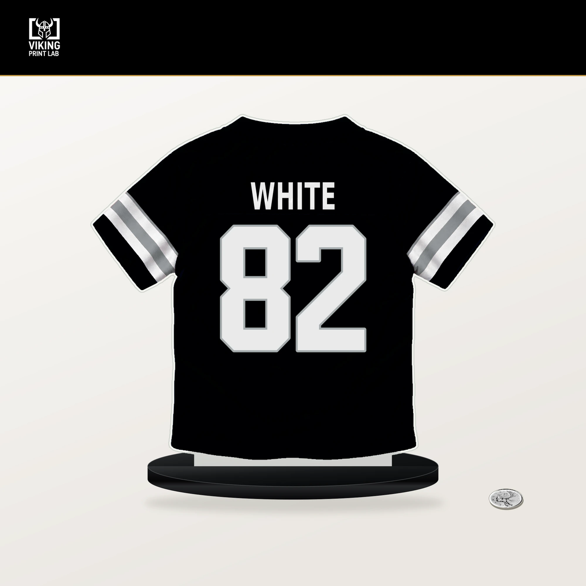 Cody White number 82 Las Vegas Raiders jersey stand with included black base.