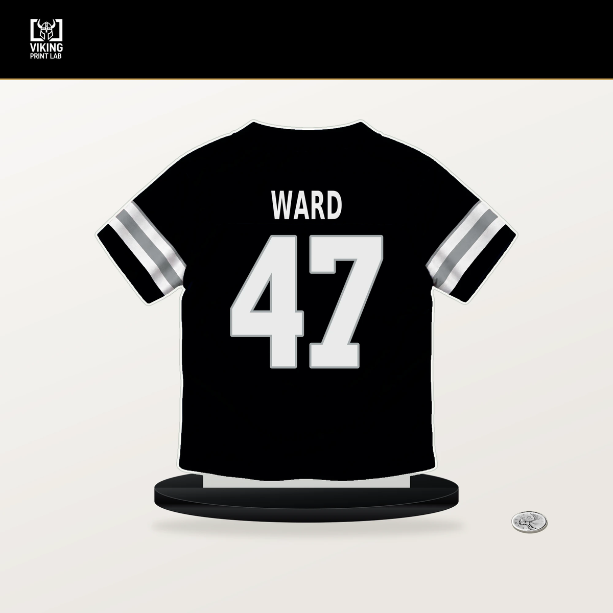 Alex Ward number 47 Las Vegas Raiders jersey stand with included black base.