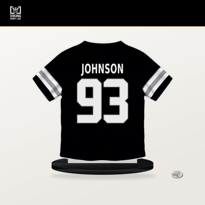 Patrick Johnson number 93 Las Vegas Raiders jersey stand with included black base.