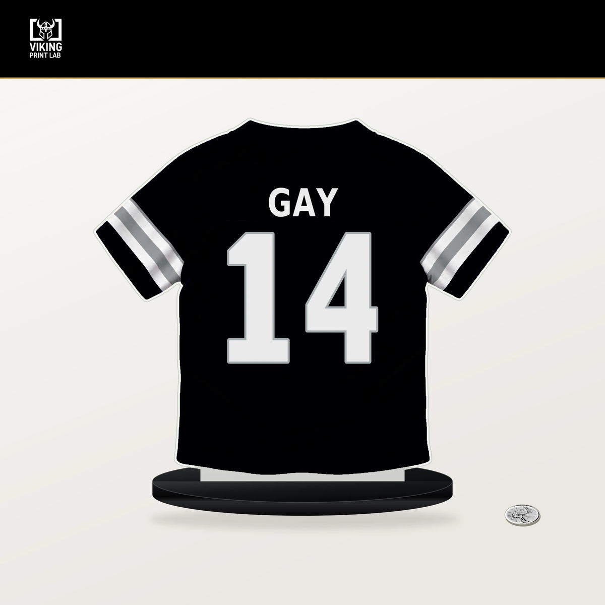 Matt Gay number 14 Las Vegas Raiders jersey stand with included black base.