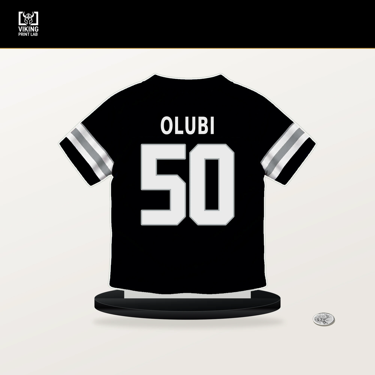 Segun Olubi number 50 Las Vegas Raiders jersey stand with included black base.