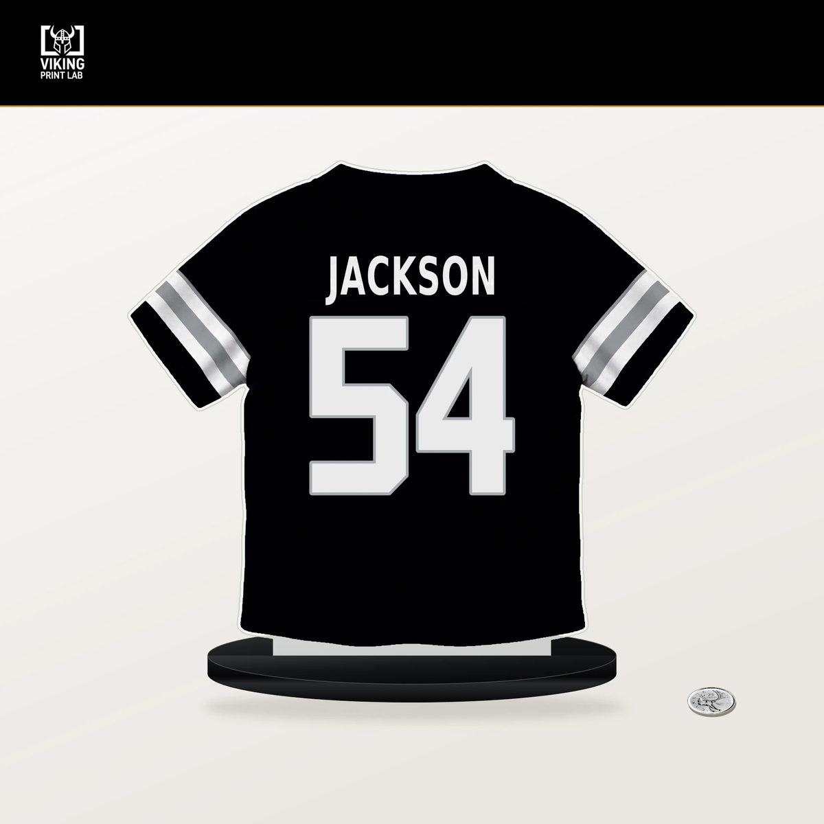 Brennan Jackson number 54 Las Vegas Raiders jersey stand with included black base.