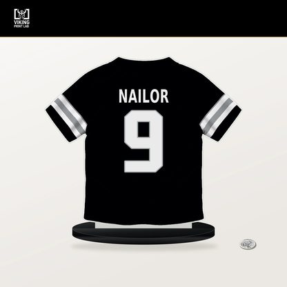 Jalen Nailor number 9 Las Vegas Raiders jersey stand with included black base.