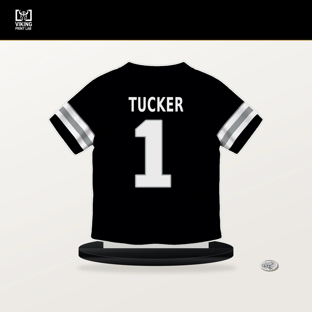 Tre Tucker number 1 Las Vegas Raiders jersey stand with included black base.