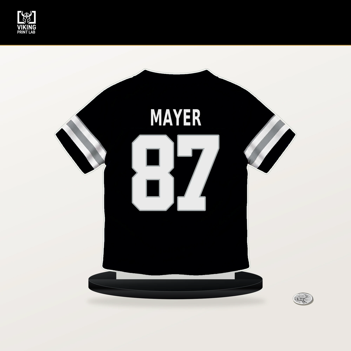 Michael Mayer number 87 Las Vegas Raiders jersey stand with included black base.