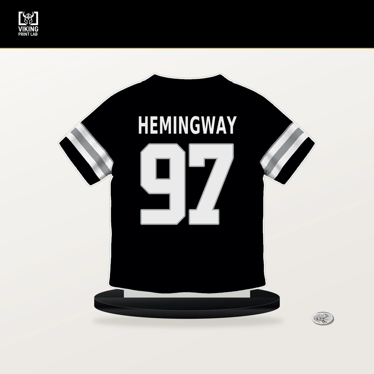 Tonka Hemingway number 97 Las Vegas Raiders jersey stand with included black base.