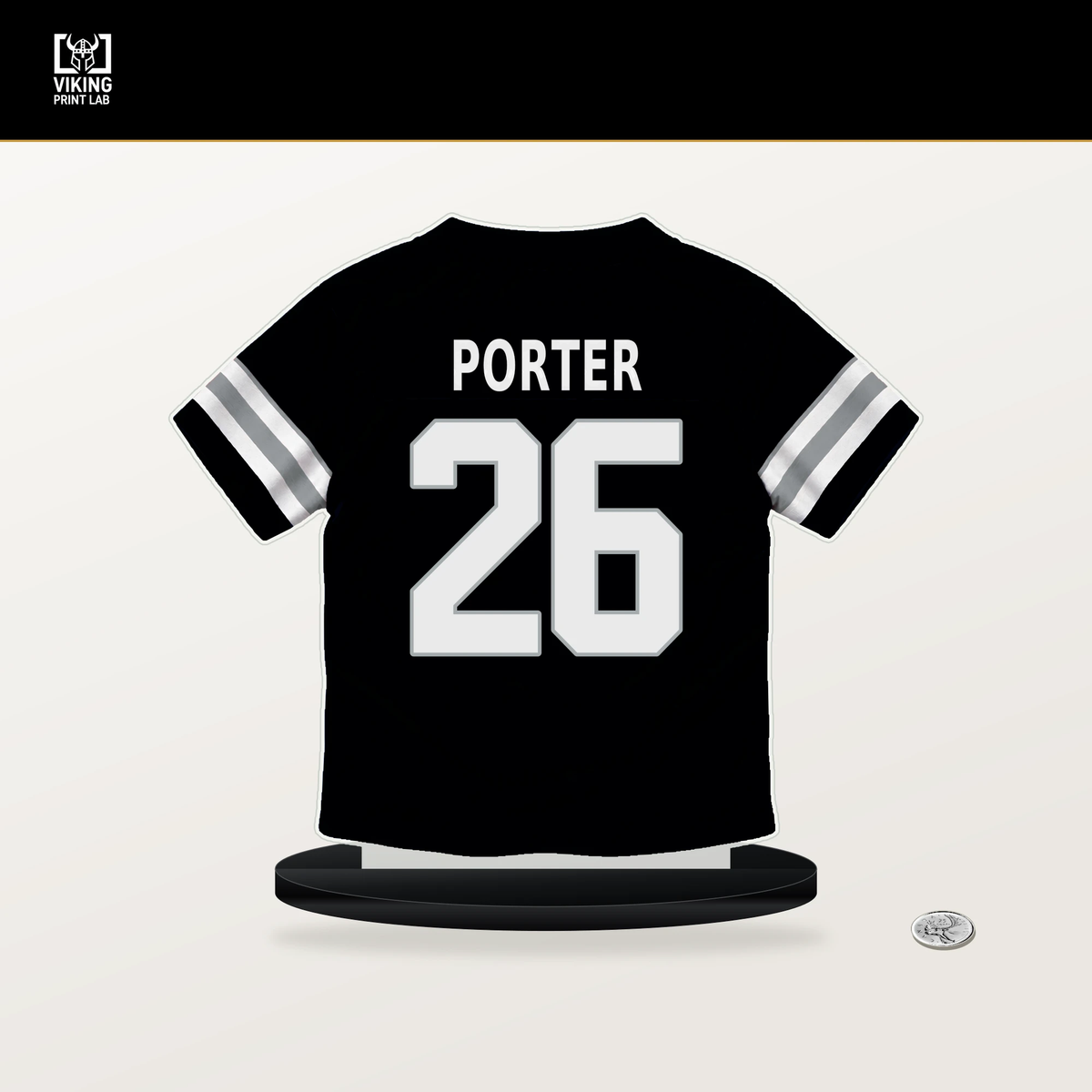 Darien Porter number 26 Las Vegas Raiders jersey stand with included black base.