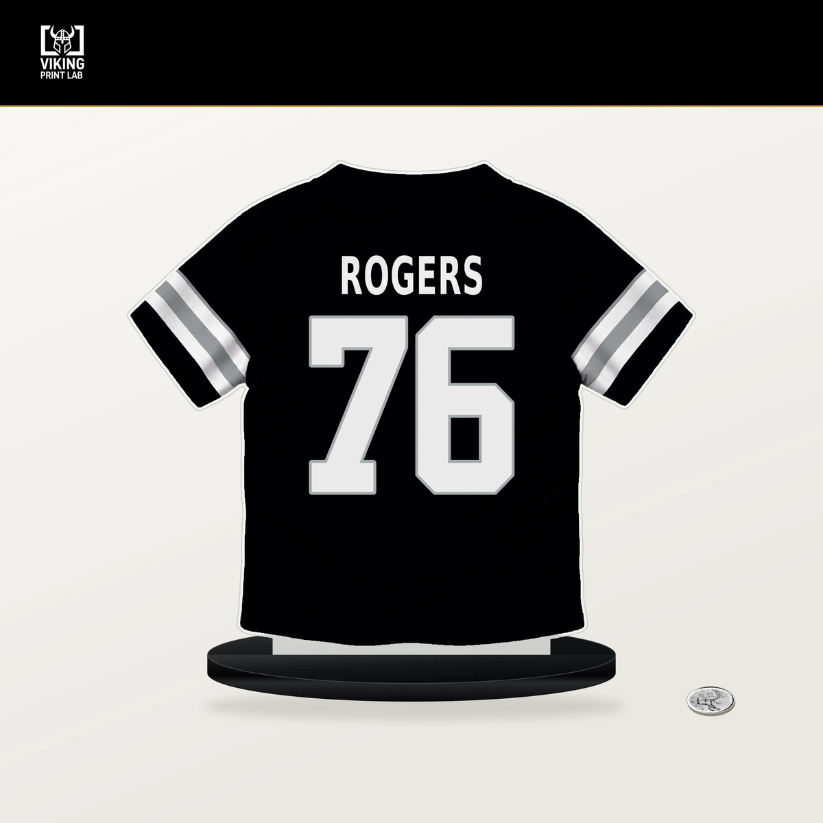 Caleb Rogers number 76 Las Vegas Raiders jersey stand with included black base.