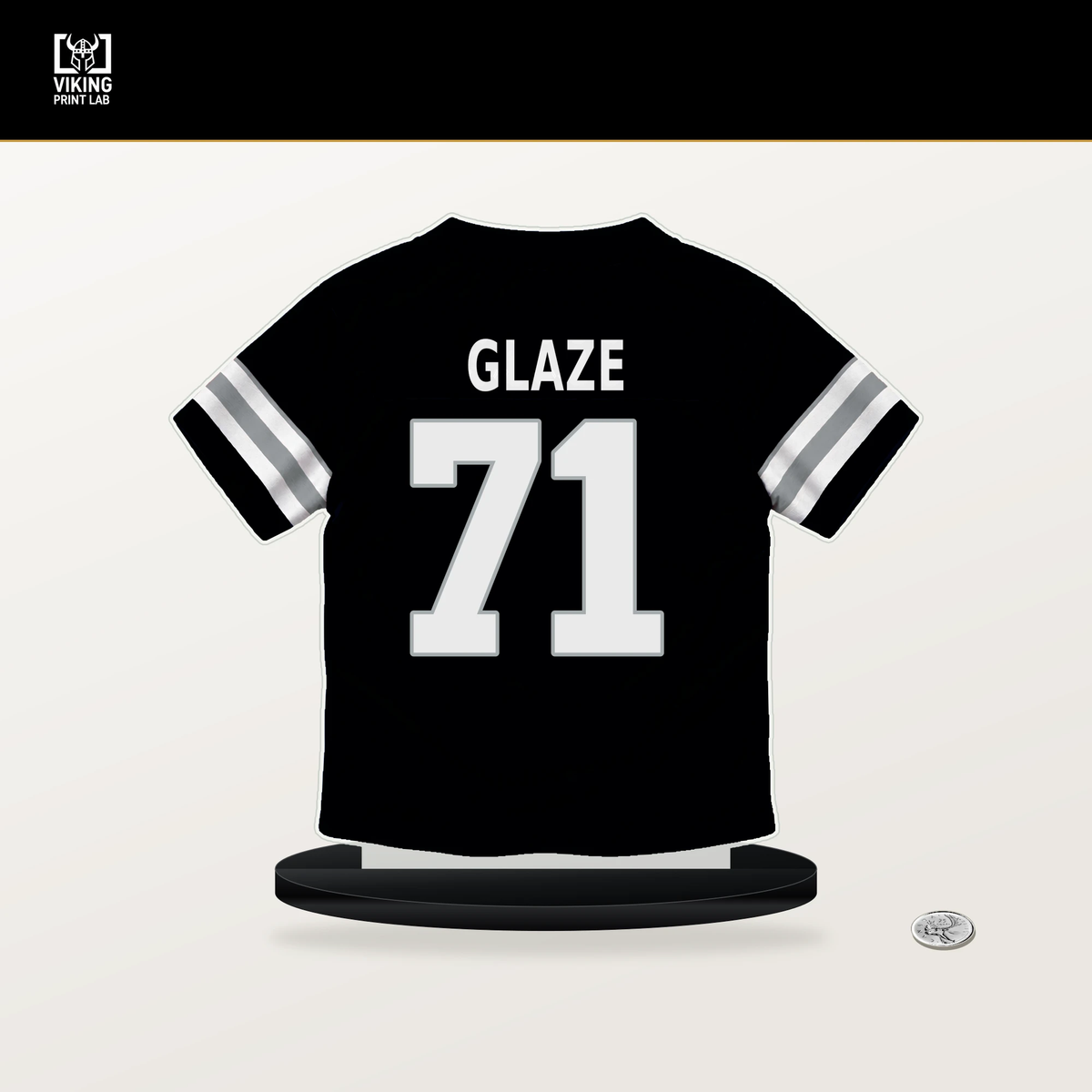 DJ Glaze number 71 Las Vegas Raiders jersey stand with included black base.