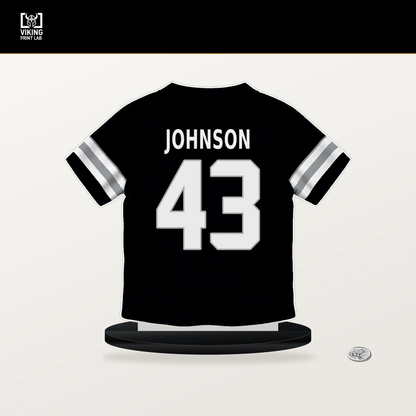 Dalton Johnson number 43 Las Vegas Raiders jersey stand with included black base.