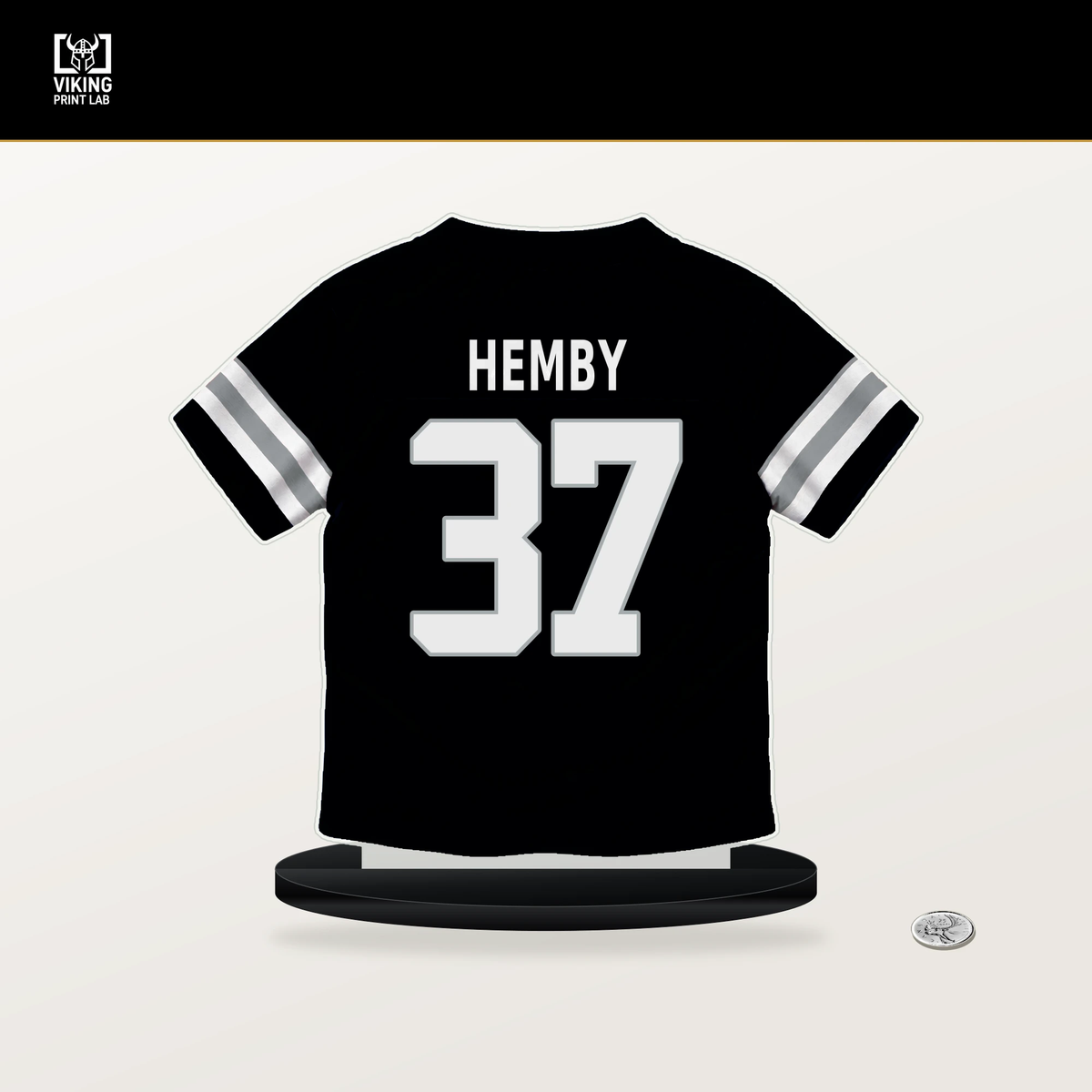 Roman Hemby number 37 Las Vegas Raiders jersey stand with included black base.
