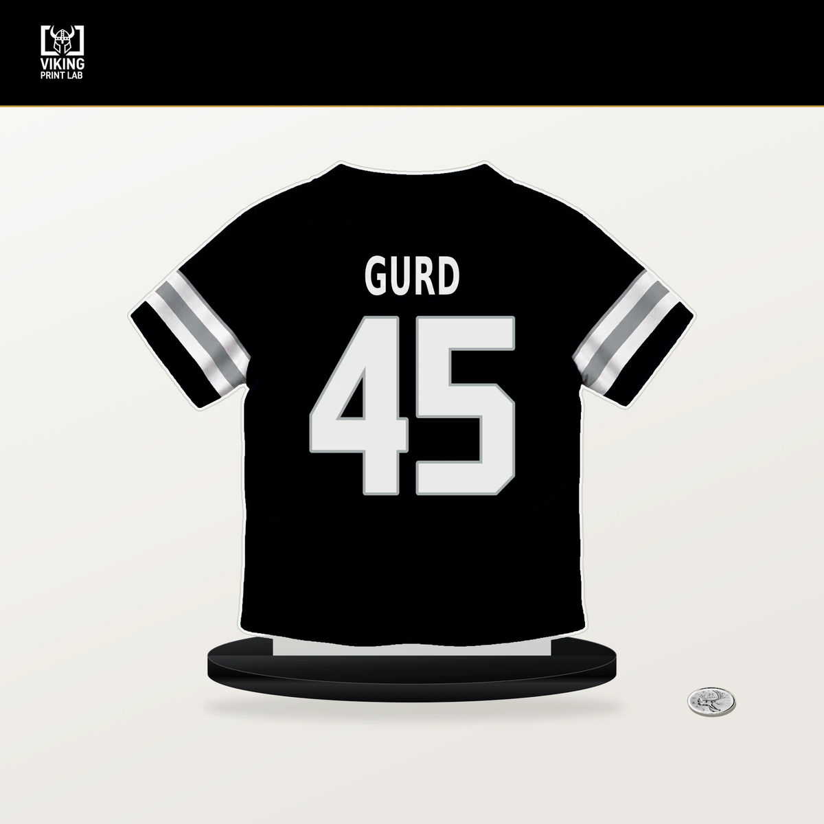 Patrick Gurd number 45 Las Vegas Raiders jersey stand with included black base.